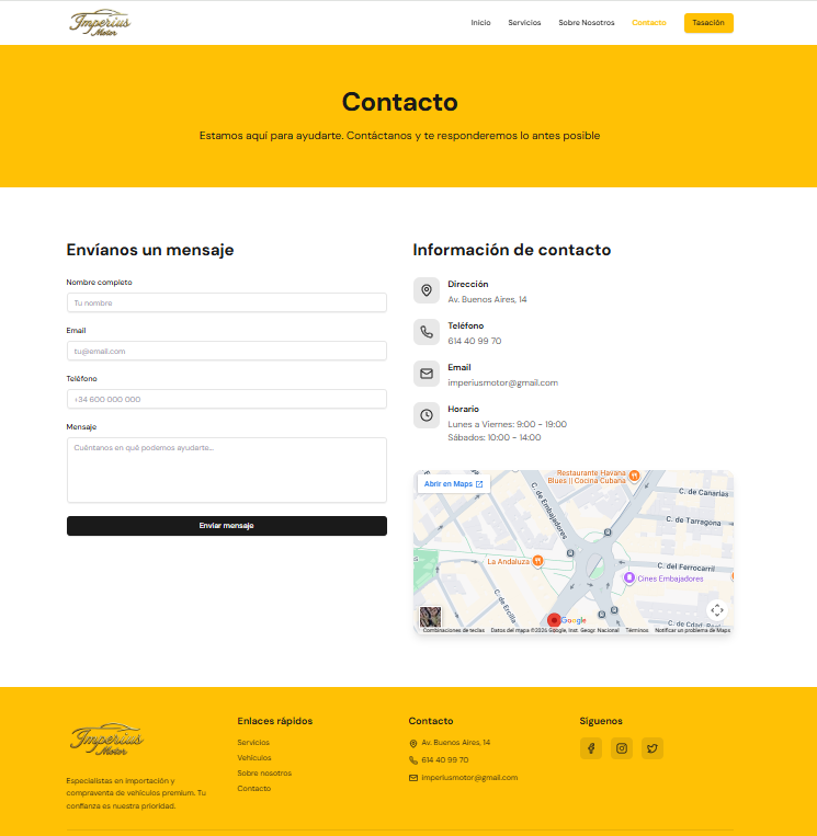 Página de contacto de Imperius Motor